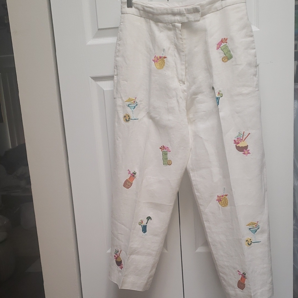 Saint Tropez West White Linen Pants with Colorful Embroidery